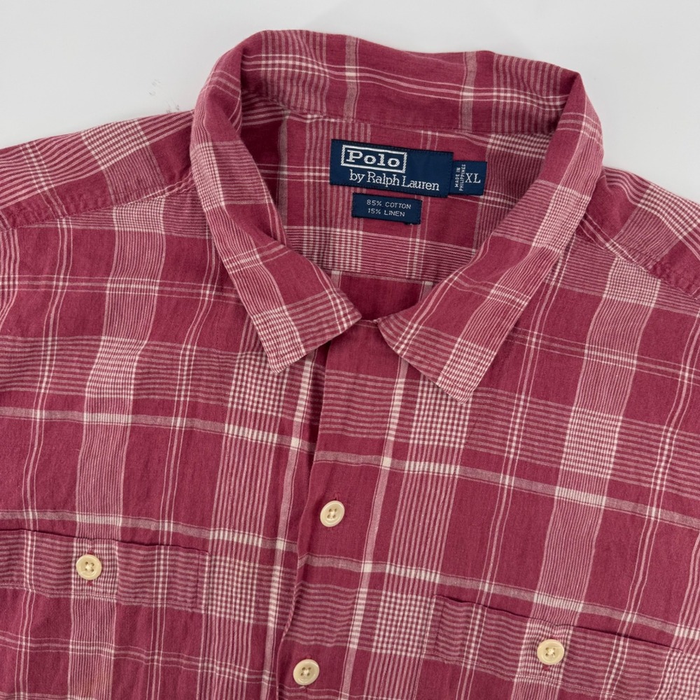 Polo Ralph Lauren Mens XL Red Plaid Short Sleeve Button Up Shirt Cotton Linen